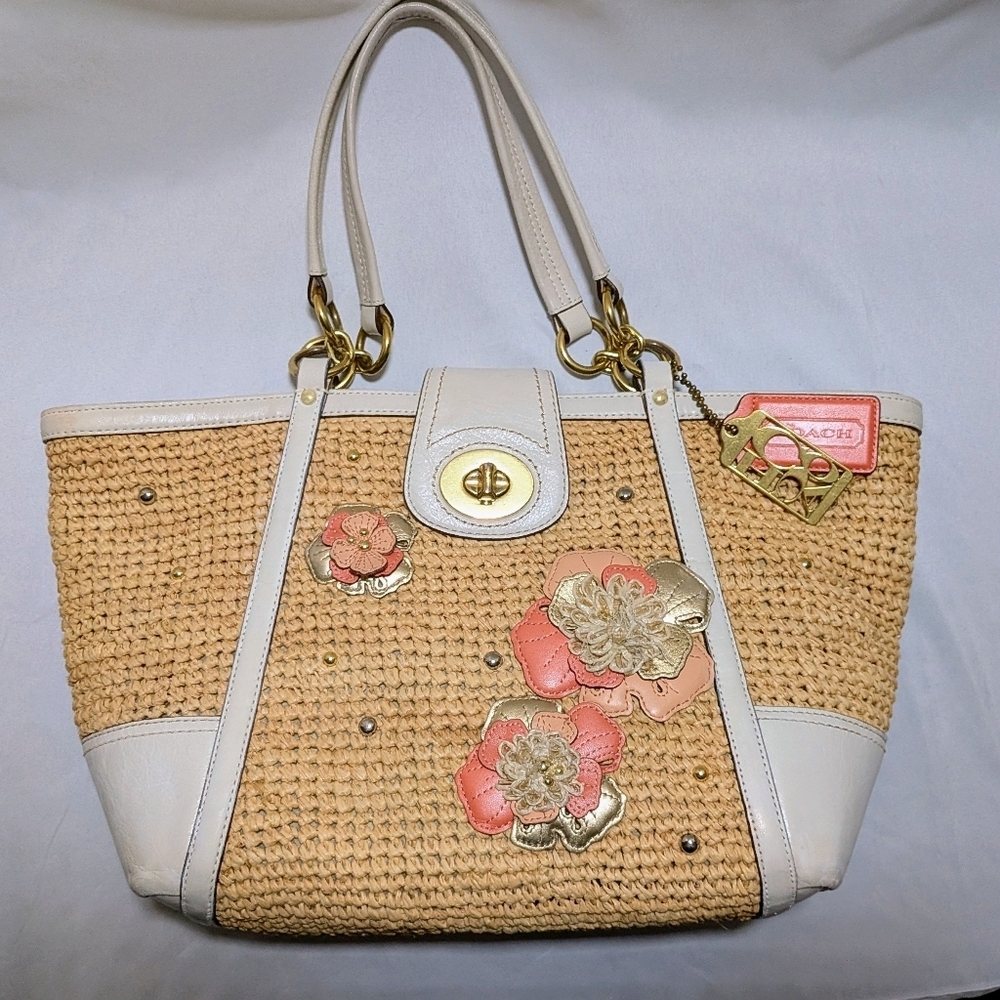 Coach Hampton Tote Peach Ivory White Straw Flower Handbag Large Metallic Basket - Picture 2 of 16